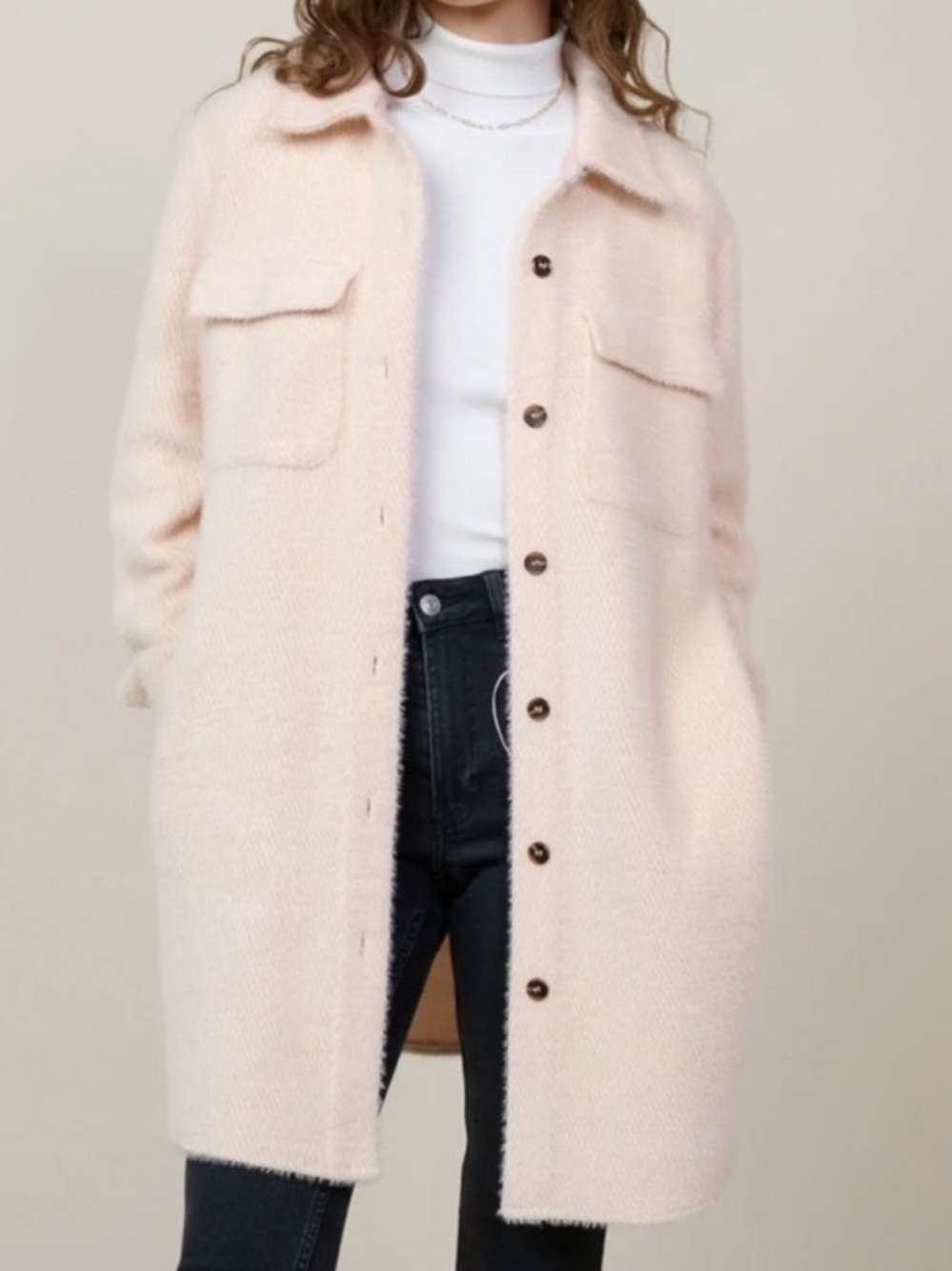 Skies Are Blue Blush Cream Long Textured Knit Shirt Jacket Shacket Cozy Chic